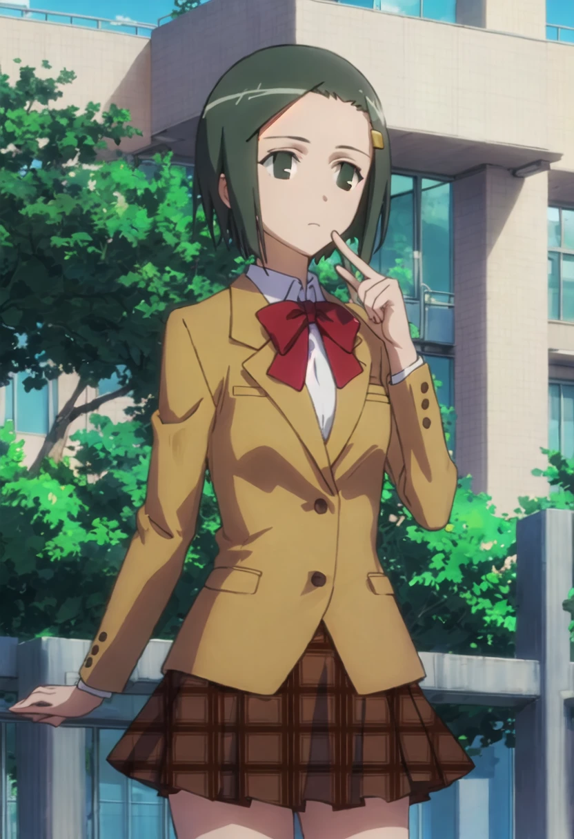 best quality, masterpiece, highres, solo, {hata_ranko_seitokaiyakuindomo:0.90}, 1girl, plaid_skirt, school_uniform, blazer, black_eyes