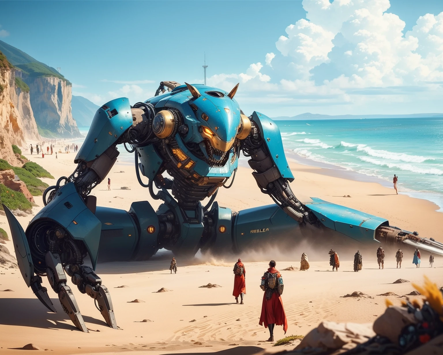 <lora:Reel_mechanical_parts_v_1_3:0.6>, reelmech, mechanical parts, a giant robot is sitting on a beach, surrounded by surprised people, (photorealistic:1.2) (bokeh) (best quality) (detailed skin) (intricate) (8k) (HDR) (cinematic lighting) (sharp focus)