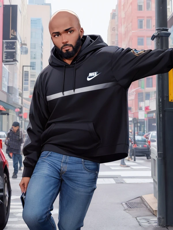 bald black man with a beard, black eyes, wears a hoodie, jeans, nike sneakers, in a very urban city, standing, posing, perfect face, perfect body, ultra-detailed face, ultra-detailed eyes, looking at viewver <lora:add_detail:0.5> <lora:Lukaku:0.6>