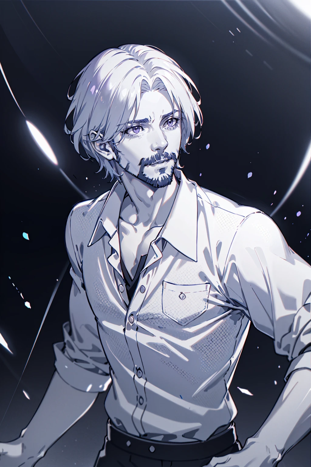 dskcntrst, solo, shirt, 1boy, monochrome, upper body, male focus, plaid, facial hair, beard, mustache, purple theme, plaid shirt, checkered shirt, LimitBreakStyler, <lora:ContrastStyle:0.8>