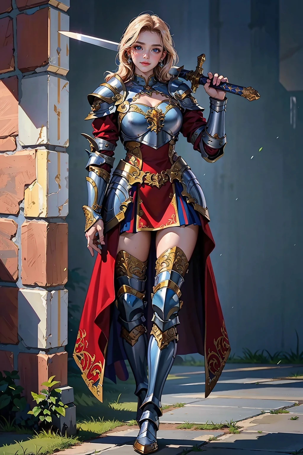 (masterpiece:1.2, best quality), (photorealistic:1.2, intricate details:1.2), Over_shoulder, 1girl, solo, (full body), sword, holding sword, sword over shoulder, armor, shoulder armor, pauldrons, armored boots, vambrace, greaves, seductive smile, blush, (gothic castle), outdoor <lora:Over_shoulder:0.6>