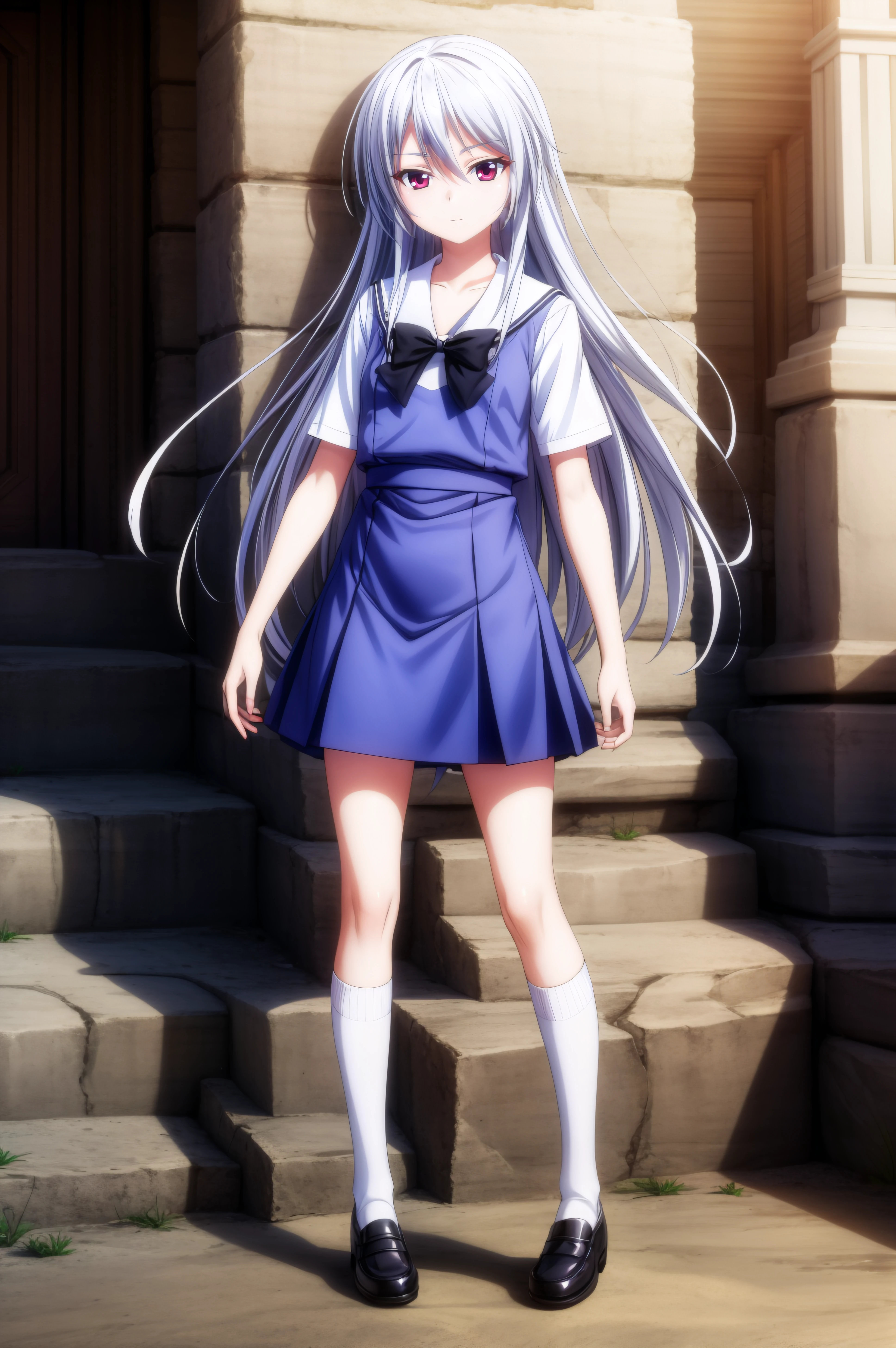 (masterpiece, best quality), <lora:kazuki kazami-lora-Faxtron:0.8> kazuki kazami, red eyes, white hair, very long hair, school uniform, blue dress, white shirt, short sleeves, black bow, white socks, shoes,
<lora:add_detail:0.8>,