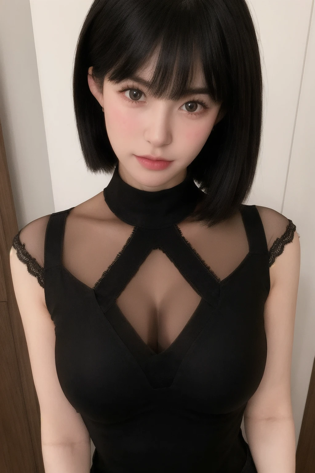 Rússia girl, white Brown eyes, black hair (short bangs hair:1.36), (((black skin))),Huge Breasts, Full body, perfect nose,