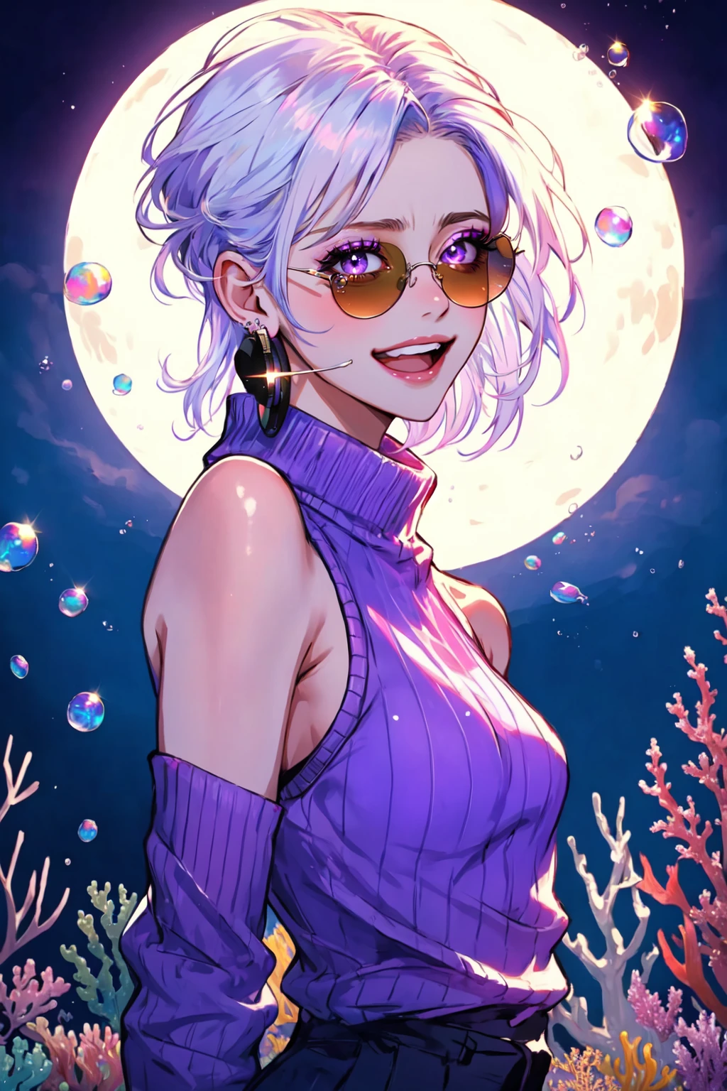 <lora:ultrasharp-05:0.8> 1girl, bare shoulders, bubble, earrings, fire, full moon, headset, looking at viewer, makeup, nose, open mouth, purple eyes, smile, solo, sunglasses, sweater, tears, ultrasharpdskstyle, underwater, white hair, ultrasharpdskstyle