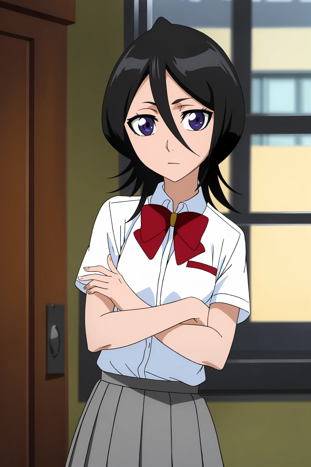 ((best quality)),((highly detailed)),masterpiece,absurdres,detailed face,beautiful face,(detailed eyes, deep eyes),1girl,((dynamic pose)) , <lora:RukiaV1:0.8>,Rukia, solo, black hair, hair between eyes, bow, looking at viewer, shirt, school uniform, white shirt, bowtie, red bow, short sleeves, closed mouth, short hair, cowboy shot, red bowtie, purple eyes, blurry, indoors, collared shirt, bangs, dress shirt, shiny hair, standing, ribbon, expressionless, window