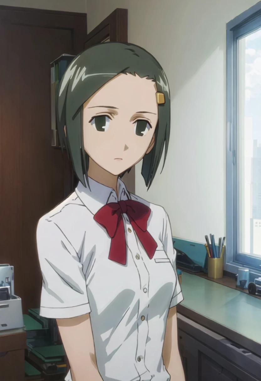 best quality, masterpiece, highres, solo, {hata_ranko_seitokaiyakuindomo:0.90}, 1girl, school_uniform, parody, black_eyes