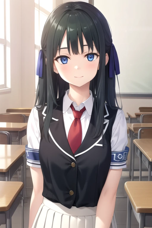 ((masterpiece)),(best quality),official art,extremely detailed CG,unity 8k wallpaper,ultra detailed,beautiful detailed eyes,extremely detailed face,classroom,1girl,solo,upper body,(portrait:1.5),looking at viewer,facing viewer,smile,Hayami Shizuno(hscweys),very long hair,black hair,straight hair,shiny hair,hair ribbon,blue ribbon,blue eyes,sidelocks,blunt bangs,black vest,wing collar,red necktie,dress shirt,white shirt,collared shirt,armband,short sleeves,medium breasts,miniskirt,pleated skirt,plaid skirt,black pantyhose,loafers,<lora:Hayami Shizuno(hscweys)>,