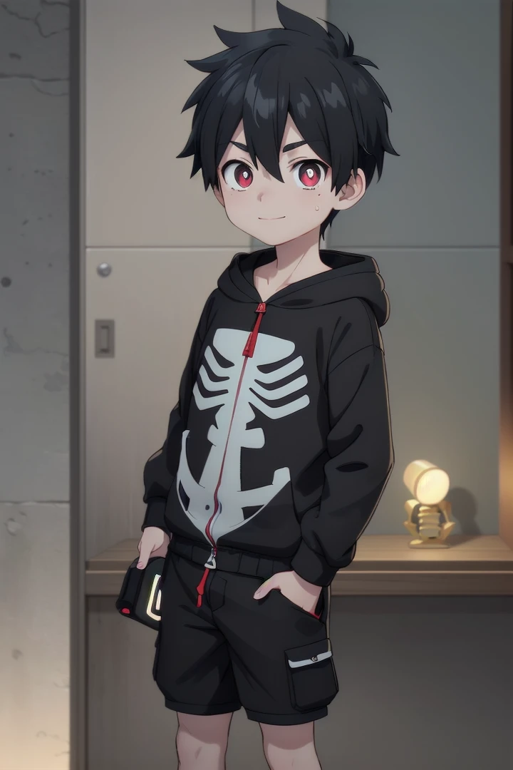 <lora:kabanesd-000012:0.6>
1boy named kabane_kusaka, 
black hair,
standing alone in a city, 
his pupils are white his corona is red, 
he has a smirk on his face,
(black onesie:1.2) with (skeleton pattern:1.2), 
draw it in the style of Kemono Jihen,
hood down
black short pants,
The soft lighting and detailed surroundings create an immersive environment where imagination runs wild hyper-detailed,
hyper-detailed face, high quality visuals, dim Lighting, sharply focused, octane render, 8k UHD,
 GS-Boyish,  AS-YoungV2