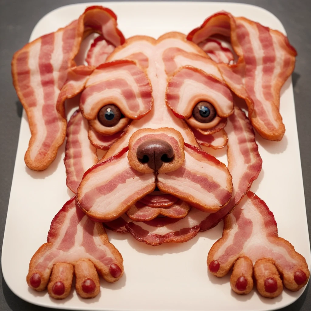 dog made out of bacon, <lora:MMM_Bacon-000006:0.8>