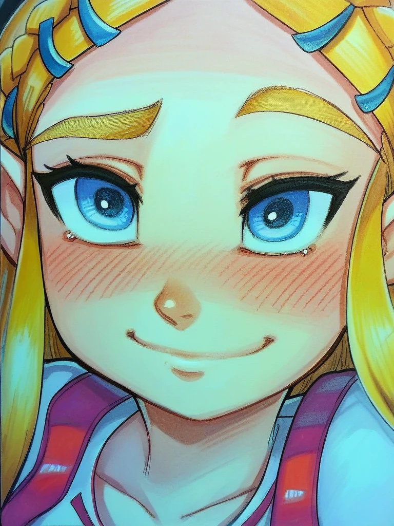 score_9, score_8_up, score_7_up, score_6_up, score_5_up, score_4_up, BREAK, source_anime, 1girl, princess zelda, the legend of zelda, blonde hair, blue eyes, simple background, warm smile, blush, marker \(medium\), traditional media <lora:OmarDogantXL:1>