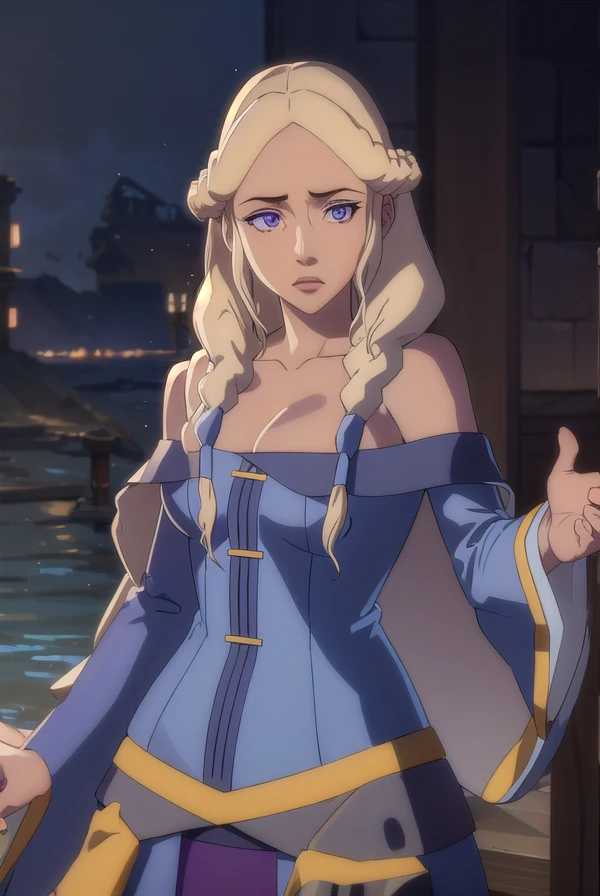 alluravysoren, <lora:allura vysoren-lora-nochekaiser:1>,
allura vysoren, long hair, blonde hair, braid, twin braids, (purple eyes:1.1),
BREAK dress, cleavage, bare shoulders, collarbone,
BREAK outdoors,
BREAK looking at viewer, (cowboy shot:1.5),
BREAK <lyco:GoodHands-beta2:1>, (masterpiece:1.2), best quality, high resolution, unity 8k wallpaper, (illustration:0.8), (beautiful detailed eyes:1.6), extremely detailed face, perfect lighting, extremely detailed CG, (perfect hands, perfect anatomy),