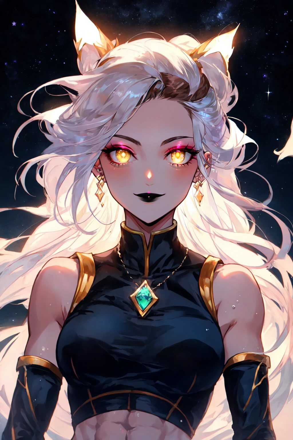 1girl, abs, black background, black lips, blurry foreground, brown hair, closed mouth, detached sleeves, duel monster, gem, glowing, lips, long hair, looking at viewer, makeup, multiple rings, no humans, piercing, portrait, running, scenery, shirt, smile, solo, star (sky), ultrasharpdskstyle, underwater, white hair, yellow eyes <lora:ultrasharp-05:0.8>