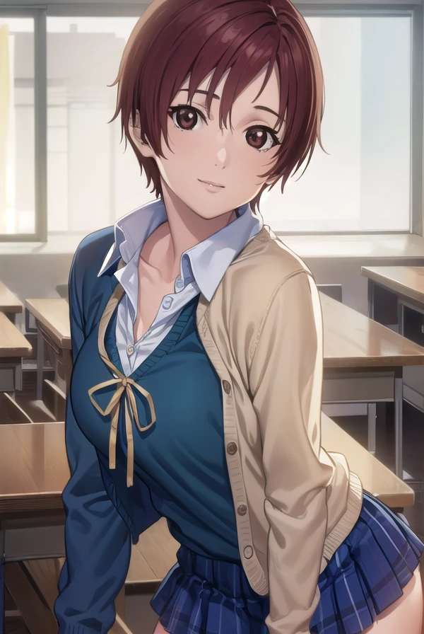 keikishimoto, <lora:kei kishimoto-lora-nochekaiser:1>,
kei kishimoto, short hair, (brown eyes:1.5), red hair, smile,
BREAK skirt, school uniform, cardigan, blue skirt, shirt, white shirt, collared shirt,
BREAK indoors, classroom,
BREAK looking at viewer, (cowboy shot:1.5),
BREAK <lyco:GoodHands-beta2:1>, (masterpiece:1.2), best quality, high resolution, unity 8k wallpaper, (illustration:0.8), (beautiful detailed eyes:1.6), extremely detailed face, perfect lighting, extremely detailed CG, (perfect hands, perfect anatomy),