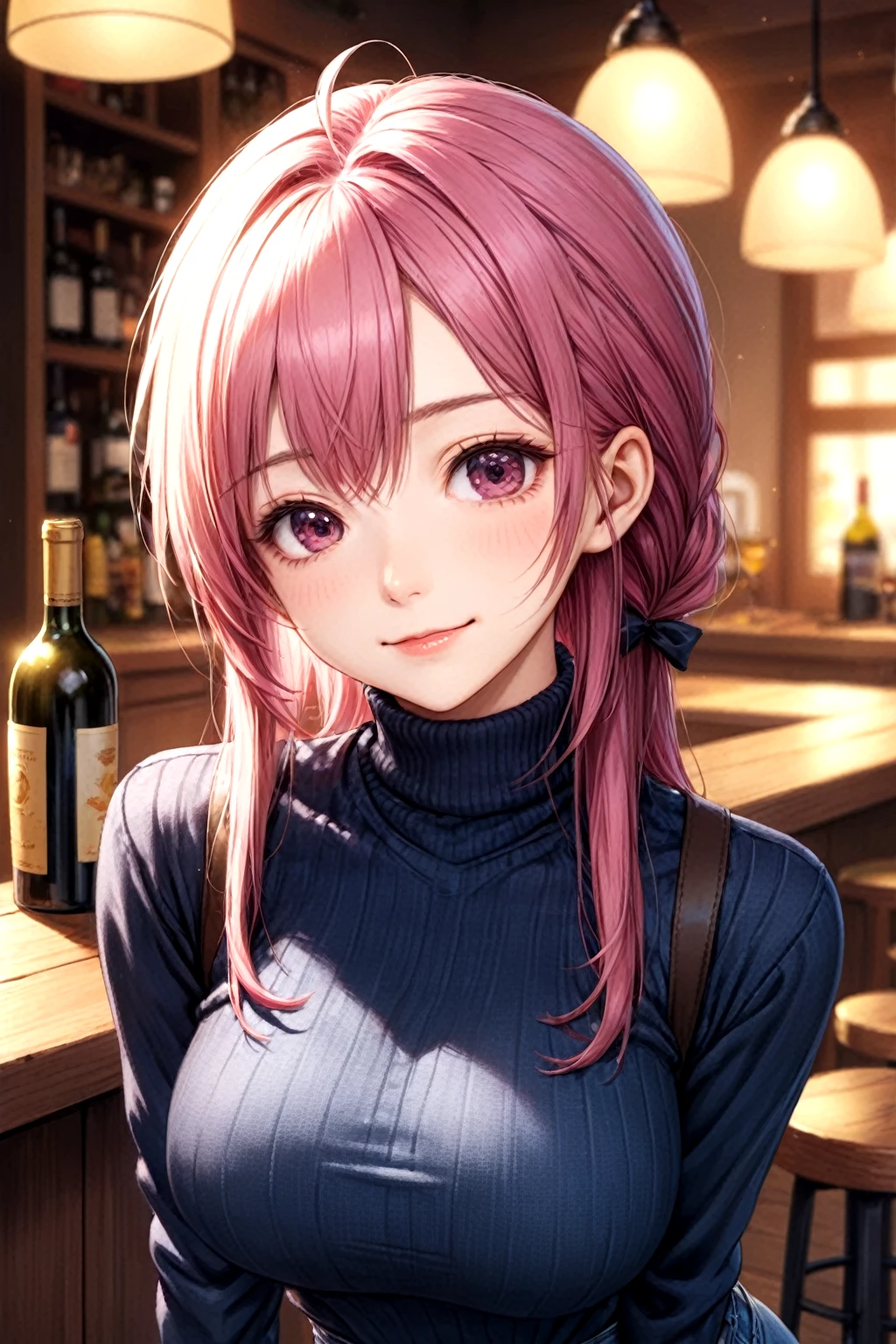 4k wallpaper,
highres,
kawaii,cute,
1 girl, solo,
lemonade hair, half-up, half-down,
wine eyes,
arms behind back,
close view,from front,
[smile,close mouth],
((tight jeans pants and turtleneck sweater, overcoat):1.1),
large breasts,
leaning forward,
BREAK
simple background, bokeh