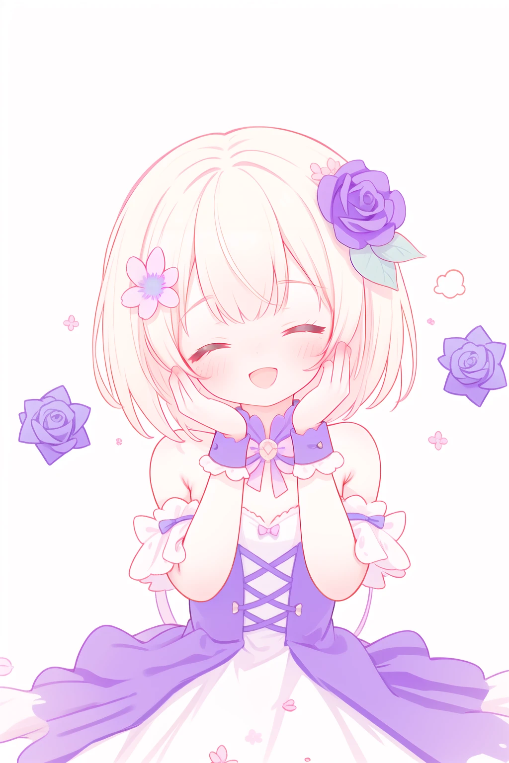1girl,:d,blonde_hair,blue_bow,blue_flower,blue_rose,blush,bow,closed_eyes,detached_sleeves,dress,floral_background,flower,green_flower,hair_flower,hair_ornament,hand_on_own_cheek,hand_on_own_face,hands_on_own_cheeks,hands_on_own_face,open_mouth,pink_flower,pink_rose,purple_rose,rose,short_hair,smile,solo,spoken_squiggle,squiggle,white_flower,white_rose,yellow_rose,
//,<lora:å½©çº¿-OneLastKiss:0.3>,<lora:hotarusaturation_2_v100:0.3>,