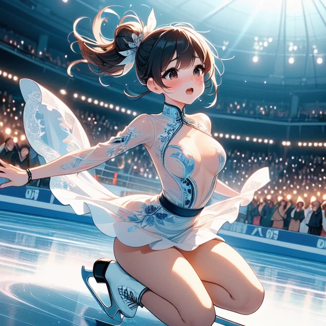 (((masterpiece))), (((best quality))), (((knee slides))), ((dancing on grand ice skating exhibition)), white bling decorate lace qipao dress, see through sleeves, cinematic light, countless crowd, wind, night, solo, 1girl, high neck, (((big tits))), collarbone, sweat, ribbon, brown ponytail, rosy lips, open mouth, shy, blush, slim figure, skates,  <lora:girllikekneeslides:1>