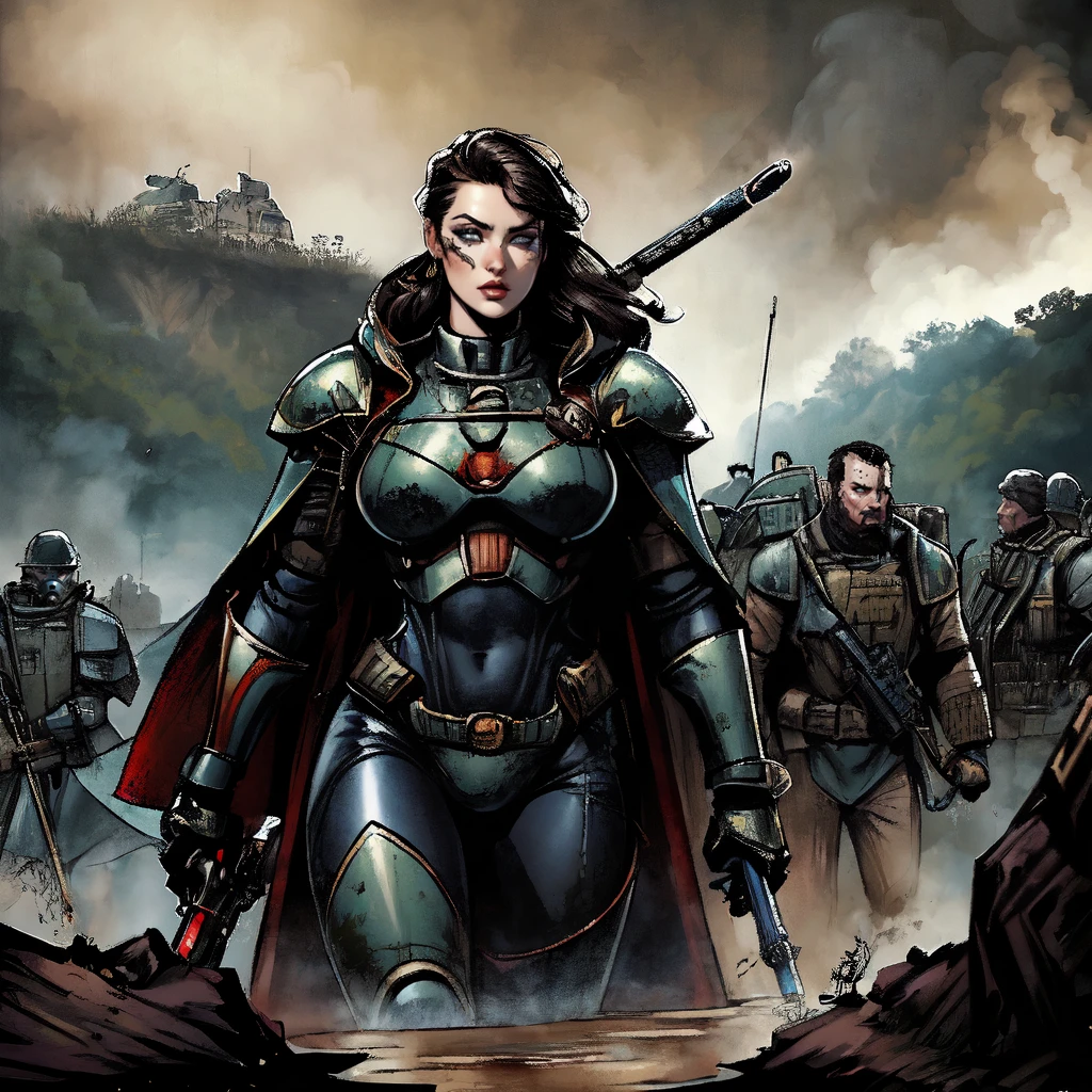 nqstrman, armor, holding weapon, cape, 1girl, dual wielding, power armor, chainmail, jacket, bodysuit, pulp_comic, heavy_lines, hand_drawn, hand_inked, hand_colored, perfect_face, battlefield, mud, smoke, craters, trenches, bunkers, jungle, soldiers,