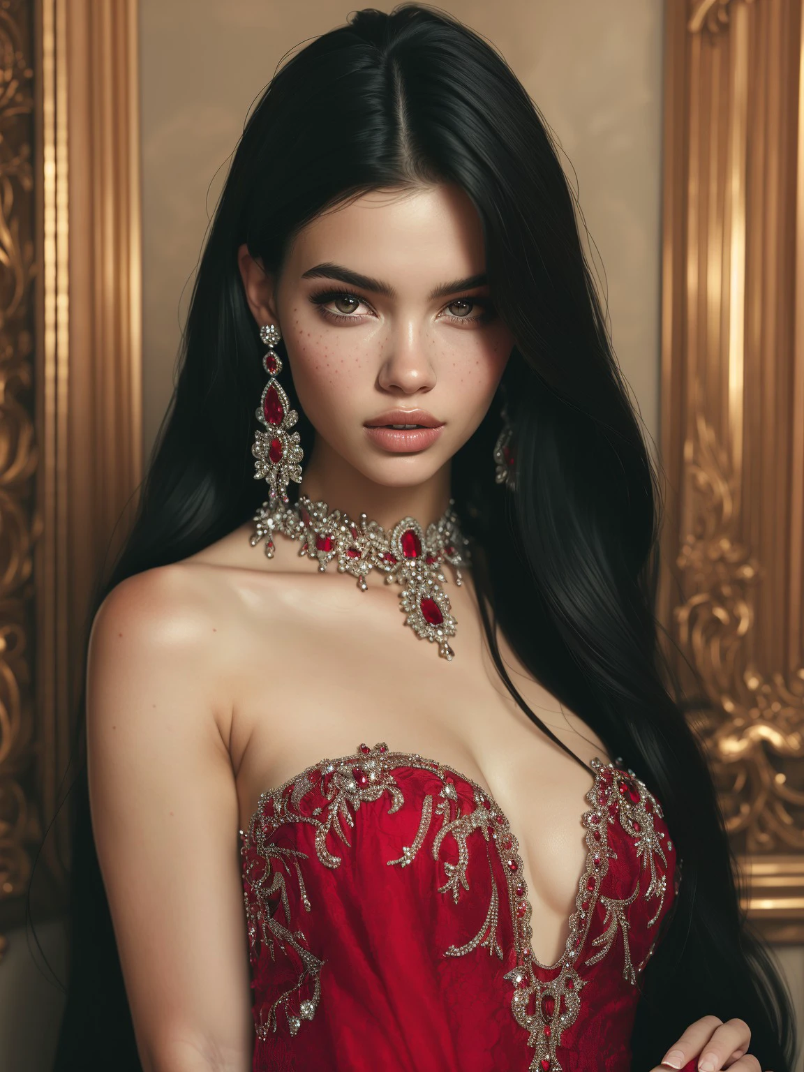 masterpiece, high quality, a beautiful girl, black long hair, red dress, in style of ruby and diamond <lora:J_gemstone:0.8> j_gemstone