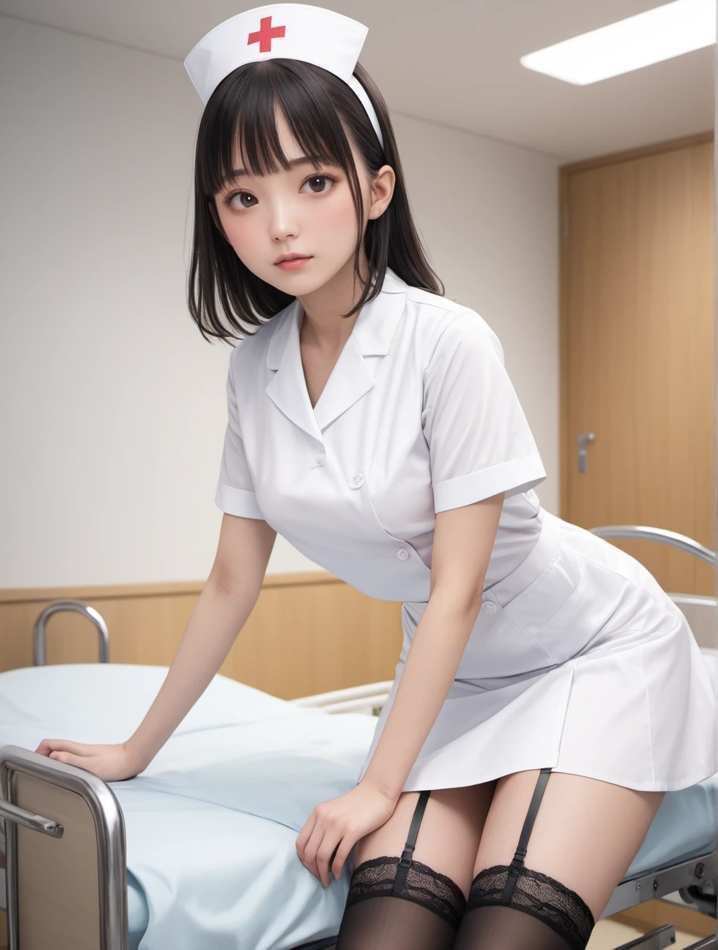 1womanl、(Super beautiful)、(ultra beautiful faces:1.5)、Nurse、(white panties)、Clear pubic contours、Spread your legs、(Nurse Uniform)、Obstetric examination chair、(At SFW:1.1)