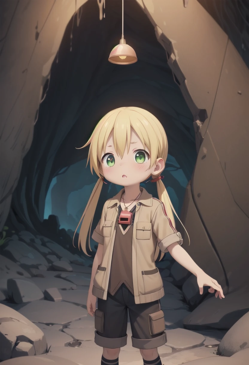 <lora:rikosd-000016:0.7>
one 12-year-old girl, riko, she has blonde hair. Her eyes are green with, twin tails, black shirt, short pants,
she is wearing a brown short-sleeved jacket, (red whistle:1.2) as a pendant,
standing in a cave,
draw it in the style of made in abyss,
The soft lighting and detailed surroundings create an immersive environment where imagination runs wild high quality visuals, dim Lighting, sharply focused, octane render, 8k UHD