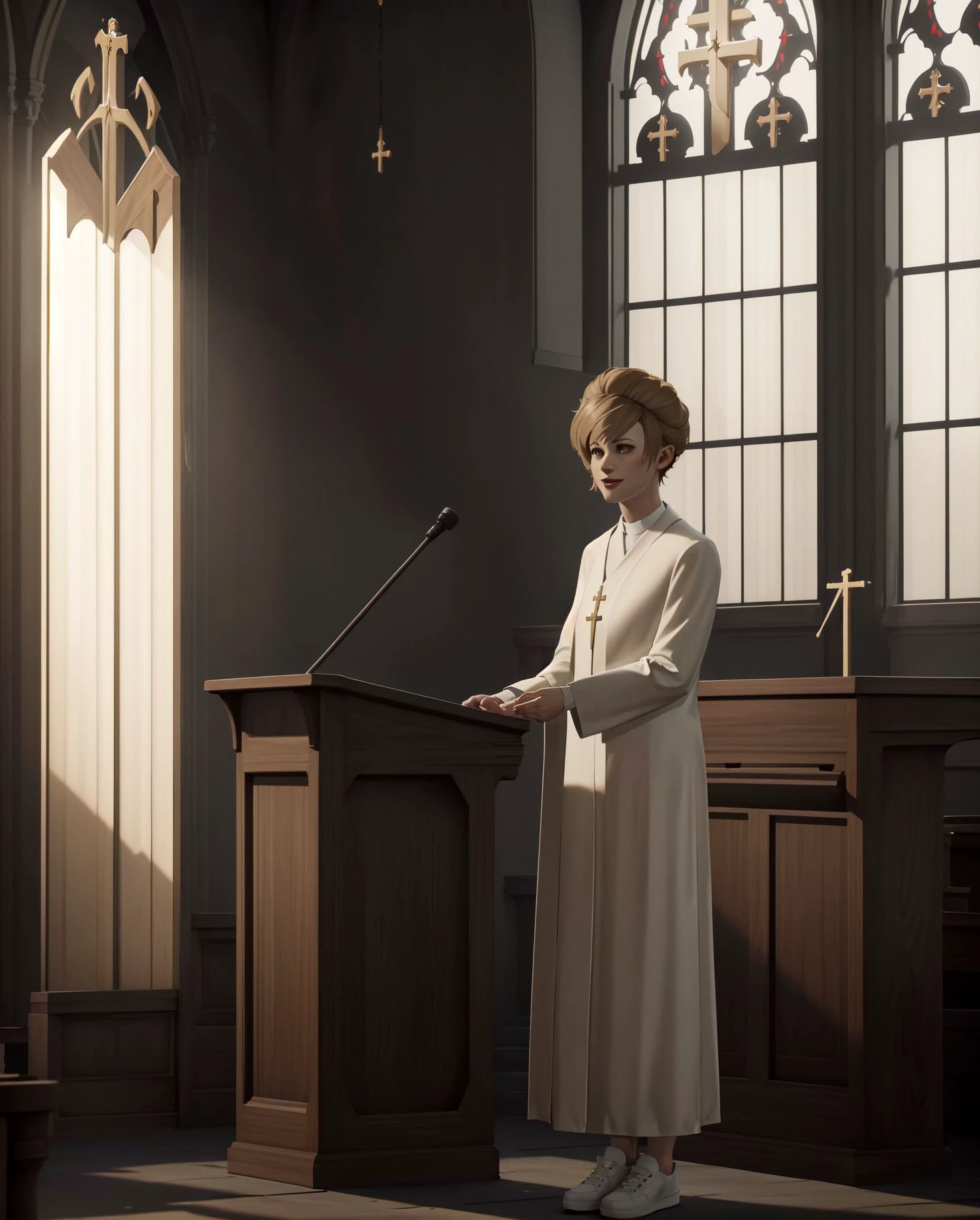 (highres, best quality:1.3), <lora:HandFineTuning:0.1>, <lora:kat3LIS:0.6> kat3LIS, dark blonde hair, hazel eyes, slender, standing at lectern, protestant church, (clergy robe:1.2), white sneakers, (happy, speaking:1.4), (light rays:1.2), altar