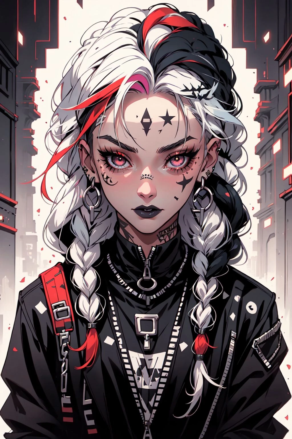 GothlyConcepts, 1girl, solo, long hair, looking at viewer, black hair, jewelry, jacket, upper body, braid, white hair, multicolored hair, earrings, necklace, twin braids, two-tone hair, grey eyes, makeup, facial mark, ring, zipper, white eyes, facial tattoo, dreadlocks, black lips, multiple braids, foreshortening, cinematic angle, cinematic lighting, masterpiece, best quality , official art ,  <lora:GothConceptV2:0.8>