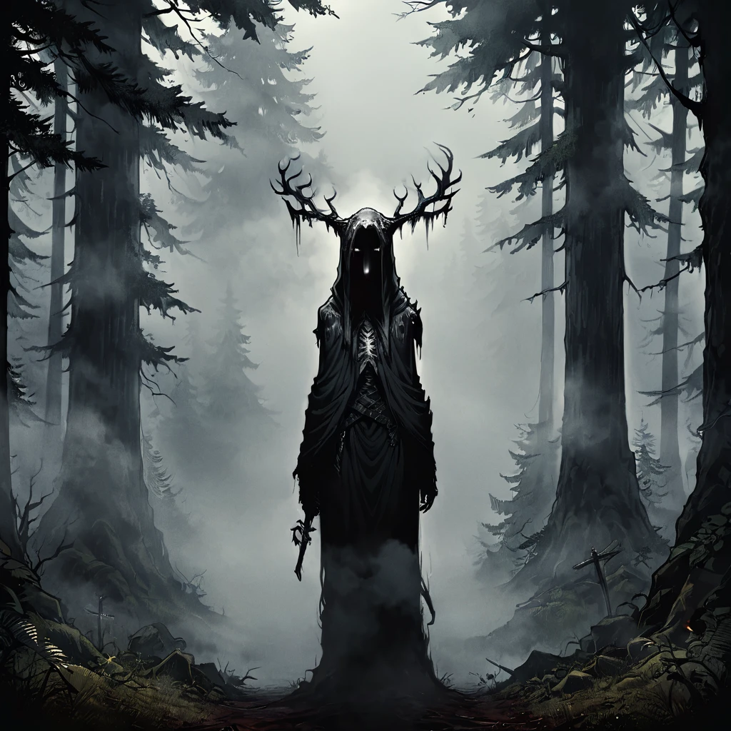 Horror-themed shadow holding,standing,outdoors,horns,hood,tree,glowing,nature,scenery,glowing eyes,cloak,forest,dark,antlers,multiple others,fog,<lora:shadows:1>,<lora:xl_more_art-full_v1:0.8>, . Eerie, unsettling, dark, spooky, suspenseful, grim, highly detailed