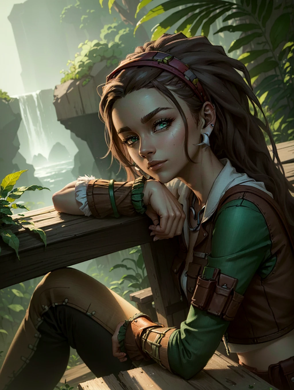 <lora:SashaTFTBv2on1.5:0.8> sashatftb, green eyes, shirt, pants, dark skin, 1girl, solo, jewelry, earrings, dark-skinned female, brown hair, hairband, dreadlocks, crossed arms, cute, sitting, looking at viewer, (realistic:1.2), (realism), (masterpiece:1.2), (best quality), (ultra detailed), (8k, 4k, intricate),(full-body-shot:1),(Cowboy-shot:1.2), (85mm),light particles, lighting, (highly detailed:1.2),(detailed face:1.2), (gradients), sfw, colorful,(detailed eyes:1.2), (detailed ladscape, jungle, vegetation:1.2),(detailed background),detailed landscape, (dynamic angle:1.2), (dynamic pose:1.2), (rule of third_composition:1.3), (Line of action:1.2), wide shot, daylight, solo,
