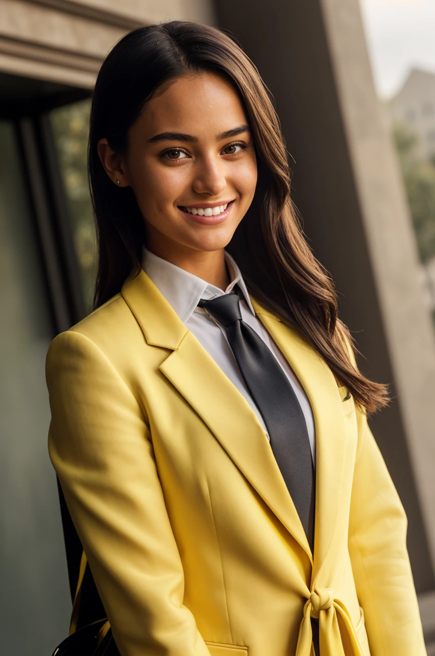 (CINEMATIC SHOT:1.4)(Crowded College Campus:1.4) ((CLOSE-UP SHOT, ZOOM ON FACE:1.3)) (The 19 year old College Girl:1.4) TrualityCampus_Meg  (tucked White Formal Shirt 1.3)(Yellow Blazer:1.4)(Necktie:1.5)(Jeans:1.4)((Photo Focus, DOF, Aperture, insanely detailed and intricate, character, hypermaximalist, elegant, ornate, beautiful, exotic, revealing, appealing, attractive, amative, hyper realistic, super detailed, heresy flares))(volumetric yellow smoke:1.3) (standing in front of a college entrance)(smile:1.4)