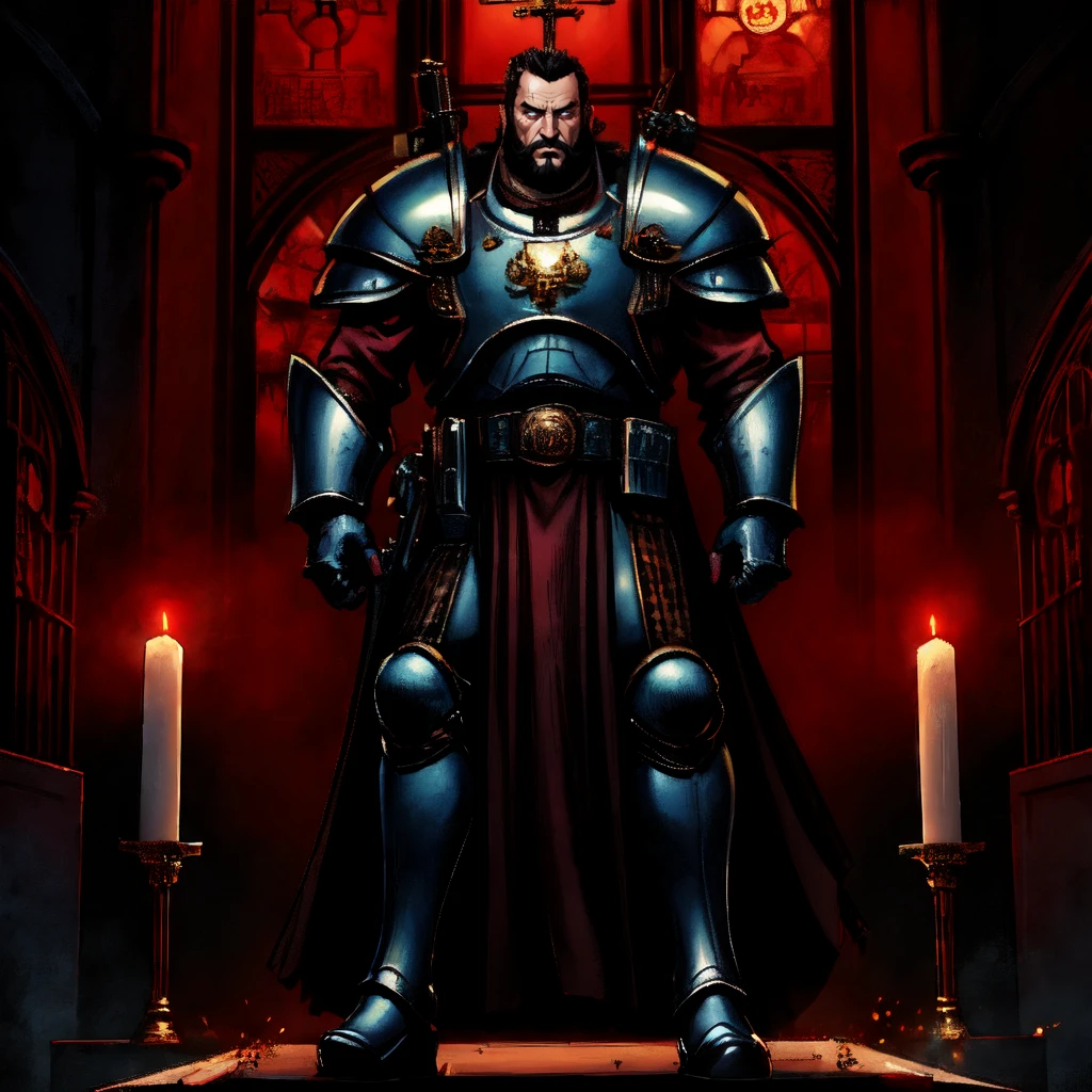 nqstrman, armor, male focus, 1boy, full body, standing, shoulder armor, pauldrons, sword, black hair, gauntlets, facial hair, beard, holding sword, uniform, military, holding gun, greaves, glowing eye, pulp_comic, heavy_lines, hand_drawn, hand_inked, hand_colored, perfect_face, grimdark, dark_fantasy, red_glow, metal_walls, cathedral, altar, pulpit,