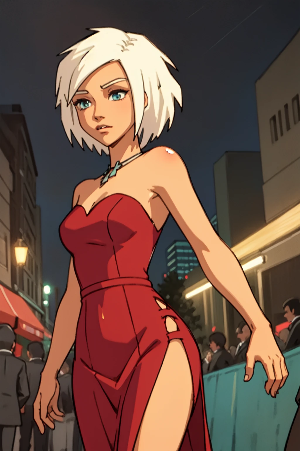 TiaGF, white hair, aqua eyes, short hair, 1girl, solo, red dress, formal dress, long dress, strapless dress, side slit, cowboy shot, night, city, street