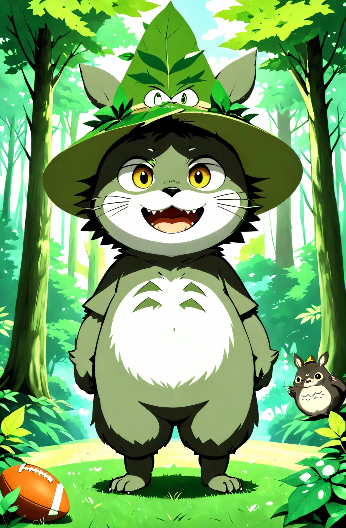 basety style, verism style, Totoro \(My Neighbor Totoro\) - Large, grey, friendly forest spirit with a wide mouth and big, round eyes, known for his iconic leaf hat., detailed background, honorable, breathtakingly lifelike 8K quality, flat shading, High school football game and spirited, [cartoon, vector art, anime :realistic, real life, hyper realistic:0.6], topless, masterpiece, detailed,