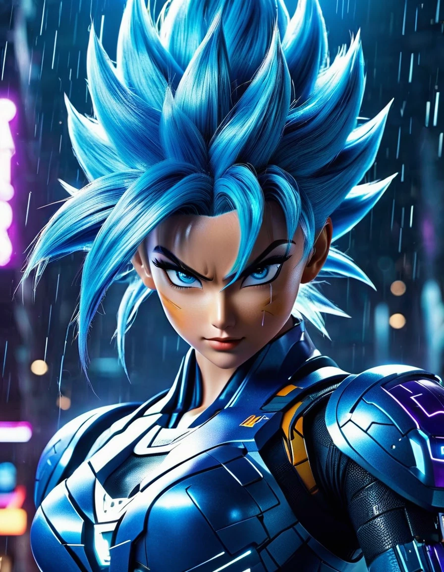 cinematic photo AND Hyperrealistic art, a woman in a blue costume with purple hair and blue eyes, alternate hairstyle, bisexual lighting, still from alita, blue and purple lighting, super saiyan sonic movie poster, official concept art, official artwork hdr, cool purple lighting, epic cold blue lighting, concept art for movie, big glowing netflix logo behind, purple lightning, movie still of robot goku, movie concept art . 35mm photograph, film, bokeh, professional, 4k, highly detailed