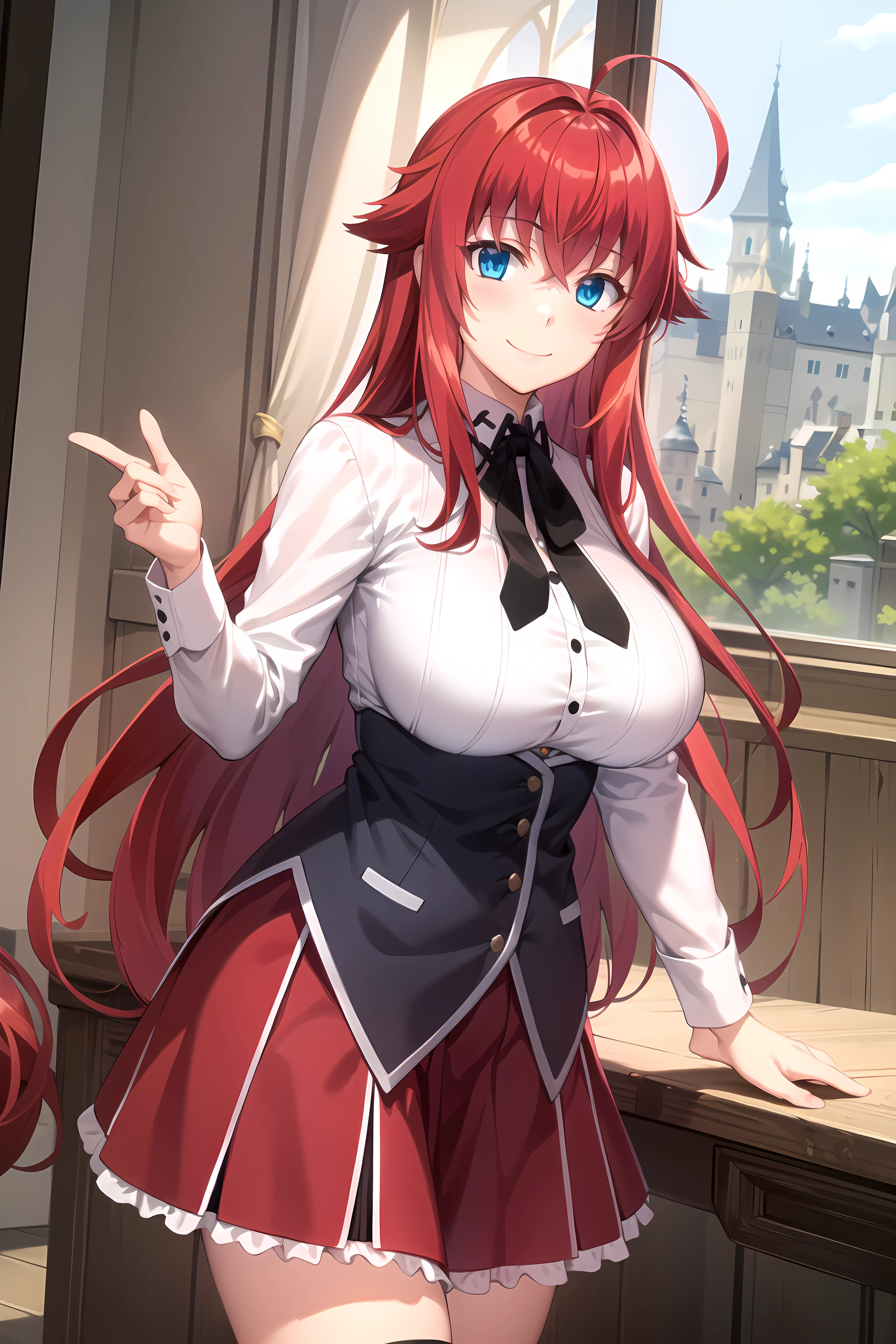 best quality, masterpiece, detailed,
<lora:HighSchoolDxD_RiasGremory:0.9>, RiasGremory,
1girl, closed mouth, smile, blush,
red hair, long hair, blue eyes, ahoge,
school uniform, striped shirt, neck ribbon, black ribbon, black corset, purple skirt, huge breasts,
standing, looking at viewer,
indoors, castle