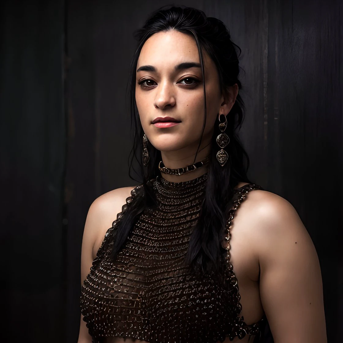 high quality photo of <lora:sara_tomko:1.2> sara_tomko, native earrings
long black hair, SkinDetail
<lora:MetalArmor:1> metar, armor, chainmail, metal