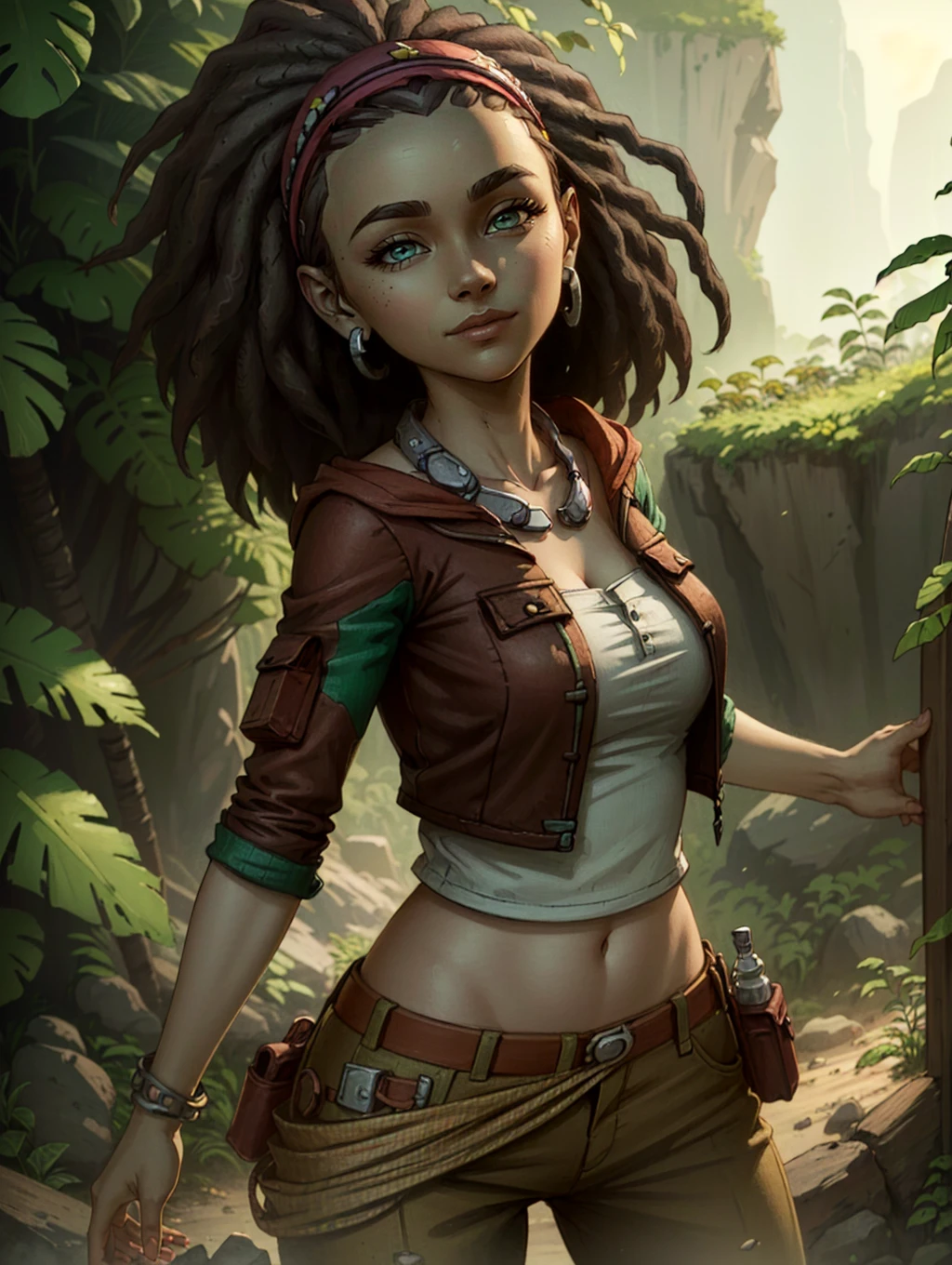 <lora:SashaTFTBv2on1.5:0.8> sashatftb, green eyes, shirt, pants, dark skin, 1girl, solo, jewelry, earrings, dark-skinned female, brown hair, hairband, dreadlocks, cute, cute pose, looking at viewer, (realistic:1.2), (realism), (masterpiece:1.2), (best quality), (ultra detailed), (8k, 4k, intricate),(full-body-shot:1),(Cowboy-shot:1.2), (85mm),light particles, lighting, (highly detailed:1.2),(detailed face:1.2), (gradients), sfw, colorful,(detailed eyes:1.2), (detailed ladscape, jungle, vegetation:1.2),(detailed background),detailed landscape, (dynamic angle:1.2), (dynamic pose:1.2), (rule of third_composition:1.3), (Line of action:1.2), wide shot, daylight, solo,