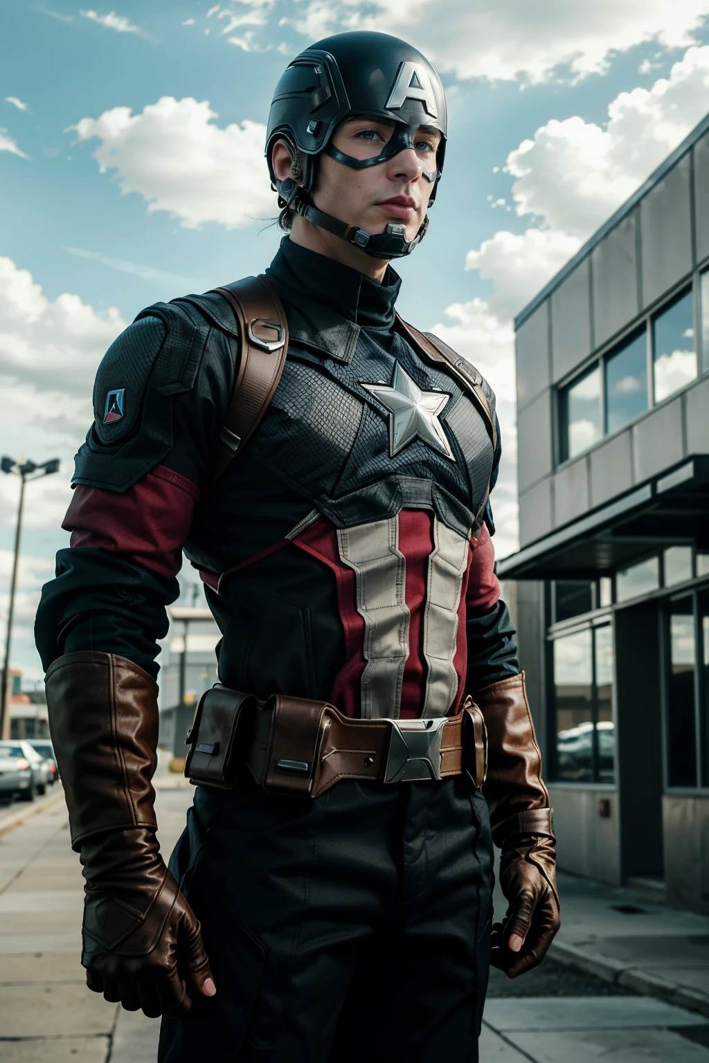 ((ultra detailed, masterpiece, absurdres))
<lora:MCAmerica:0.9>
MCAmerica, solo, gloves, 1boy, male focus, outdoors, parted lips, sky, day, belt, fingerless gloves, star, (symbol), bodysuit, mask, helmet, realistic, animification, superhero