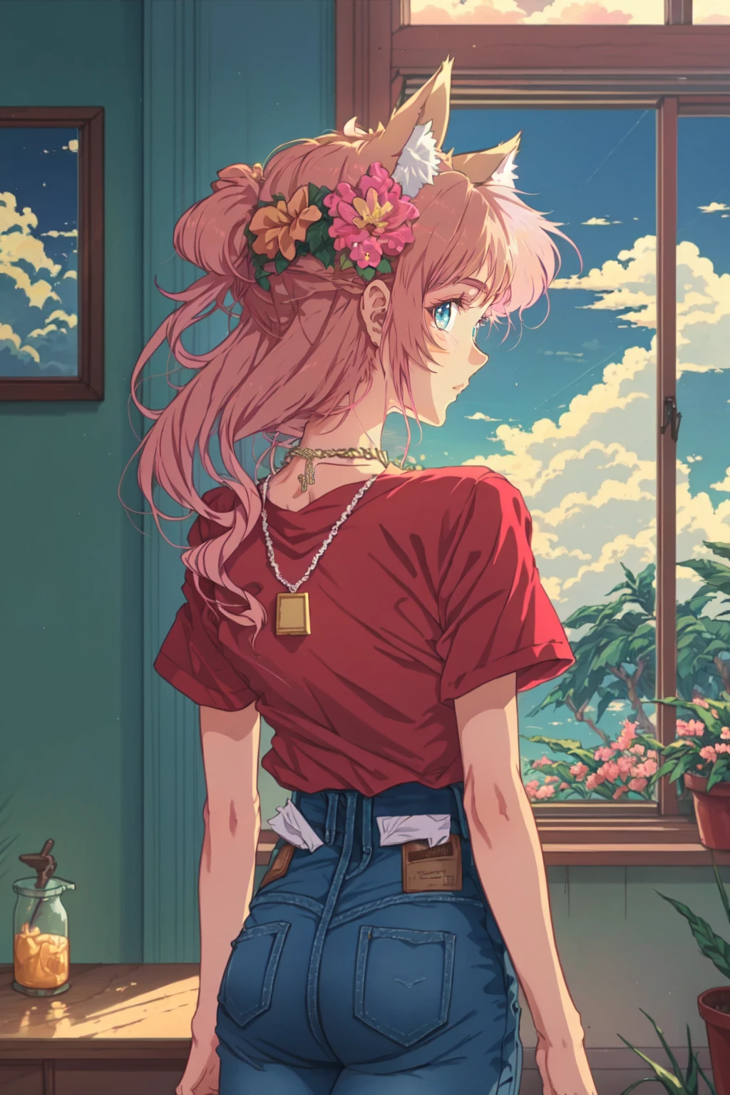 <lora:RetrowaveAnimeStyle-10:0.5> 1girl, animal, blonde hair, blue eyes, brown hair, cloudy sky, facing away, fake animal ears, hair flower, indoors, jeans, looking at viewer, monitor, necklace, pink hair, plant, red shirt, retrowaveanime style, scenery, shirt, shirt tucked in, short sleeves, skirt, solo, tree, window