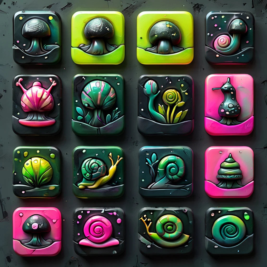 <lora:artfullyTILED_SDXL_V2:0.7>,collection of icons of a minimalistic logo for ArtfullyPrompt featuring a black background,a snail gracefully moving with a vibrant paint trail in neon green and neon pink,incorporating pastel tones and subtle hints of ink,charcoal,and watercolor for an artistic and refined touch arranged in a grid of icons,<lora:ral-opal:0.3>,<lora:artfullytinyfae_sdxl_v1:0.4>,<lora:ARTFULLYORACLESDXL-V1:0.4>,<lora:artfullyinsect_-_v1-000007:0.5>,<lora:artfullymaleform_sdxl_v1:0.3>,