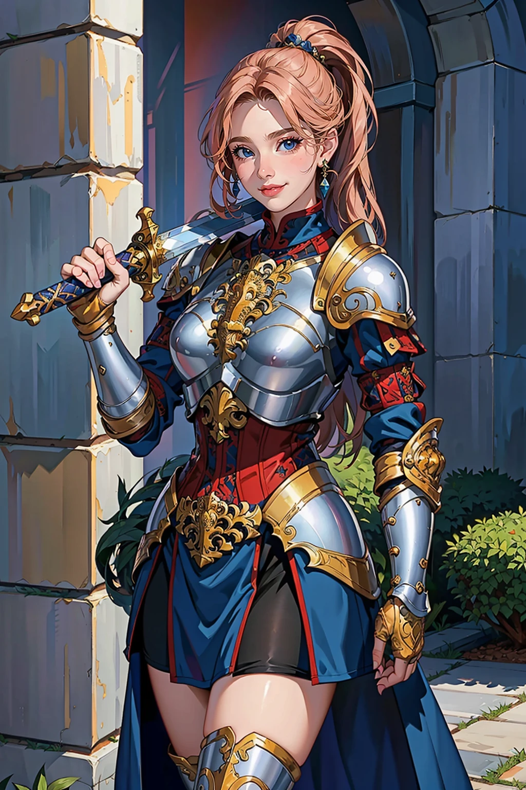 (masterpiece:1.2, best quality), (photorealistic:1.2, intricate details:1.2), Over_shoulder, 1girl, solo, sword, holding sword, ((sword over shoulder)), armor, shoulder armor, pauldrons, armored boots, vambrace, greaves, seductive smile, blush, (gothic castle), outdoor <lora:Over_shoulder:0.6>