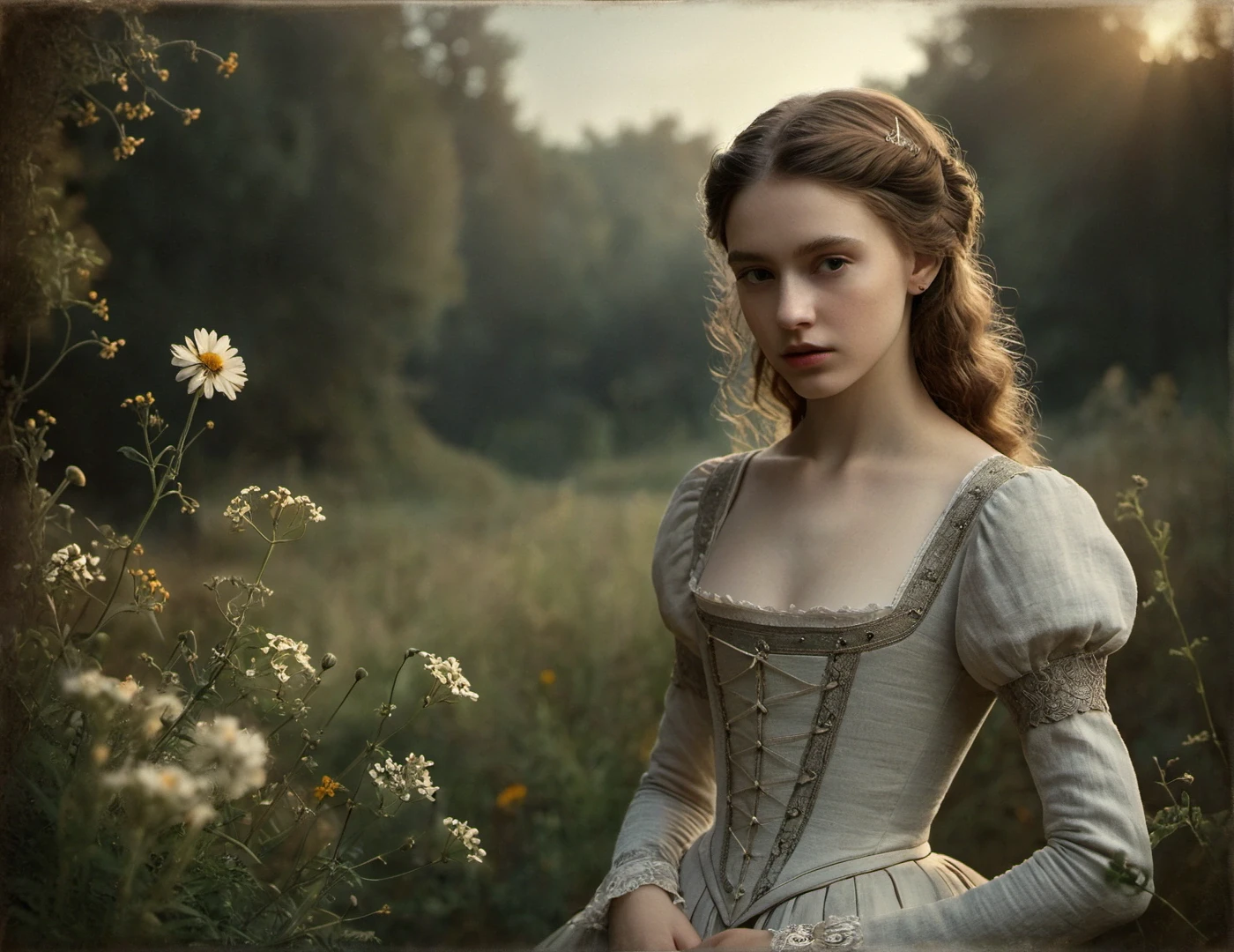 incredibly breathtaking photo characterized by exceptional realism and artistic appeal, (full body, low-key, sharp focus on subject, intricate environment scenery:1.1), sophisticated ([Spanish:Slavic:0.52] 21yo woman:1.15) with (perfect feminine anatomy:1.1) and (natural skin pigment:1.1), Inspiration John Everett, William Holman, Dante Gabriel, portrait of girl (Victorian beauty, pale, fragile), silver armor, intricate background, Leonardo da Vinci style landscape. Ocher tones, wild flowers, wild garden. Side lighting, Rembrandt lighting, immersive and captivating scene, awarded breathtaking masterpiece, (perfect feminine anatomy, perfect proportions, Perfect Hands:1.125), Sweeping cinematic lens flares, ultra crisp details, (f_stop 2.8), (focal_length 85mm f/2.8), flawlessly photographed, analog photo, masterpiece, high quality, physics simulation, (cgsociety, artstation, 8k:0.6), (red-gold-black:0.7)