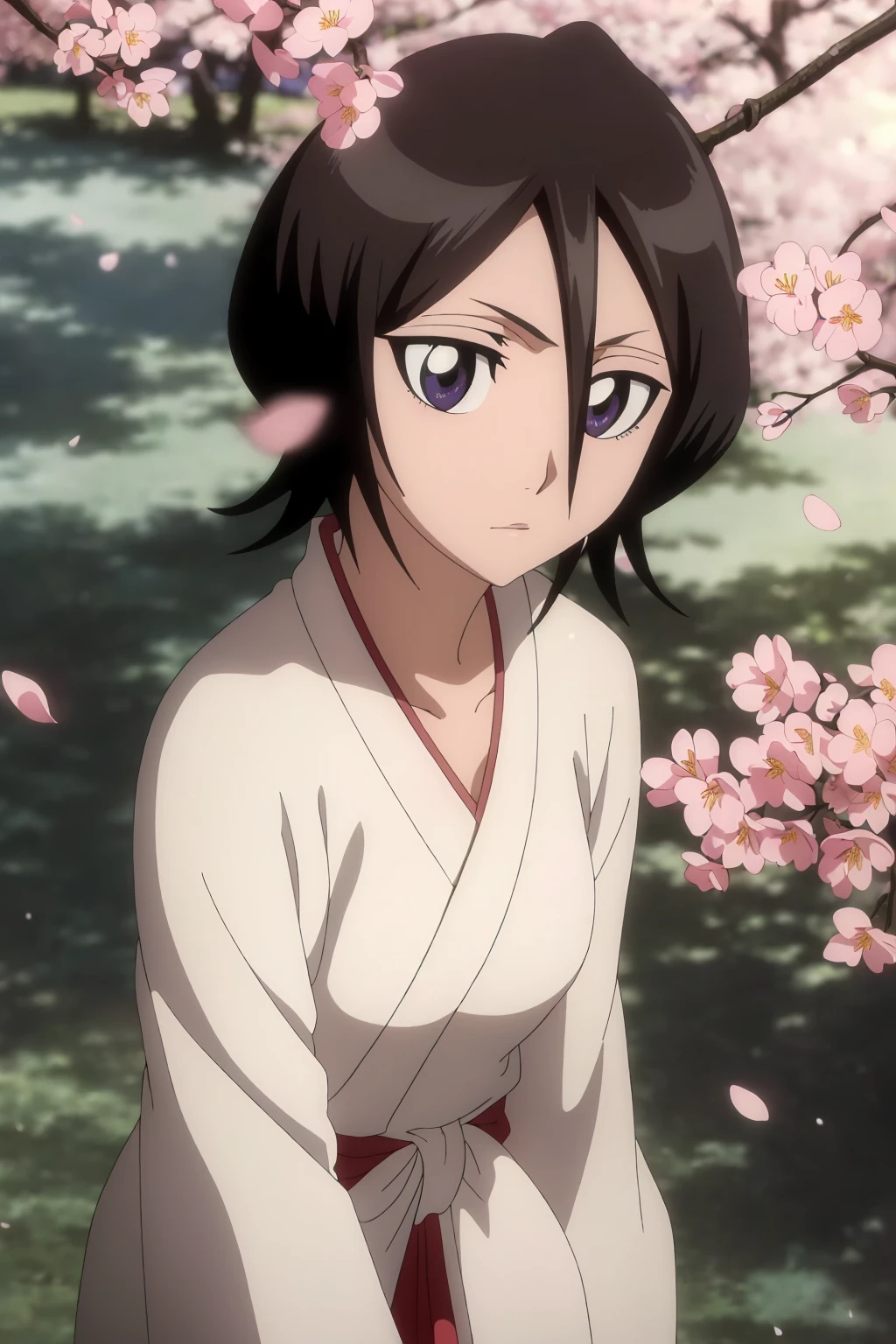 ((best quality)),((highly detailed)),masterpiece,absurdres,detailed face,beautiful face,(detailed eyes, deep eyes),1girl,((dynamic pose)) , <lora:RukiaV1:0.8>,Rukia, black hair, breasts, short hair, hair between eyes, purple eyes, small breasts,<lora:animemix_v3_offset:0.8>standing, in front of cherry blossoms, (traditional kimono:1.3), (gentle breeze carrying petals:1.3), (cherry blossoms in full bloom:1.4), (soft sunlight filtering through branches:1.3), (tranquil expression:1.2), (petals falling around:1.3), cowboy shot