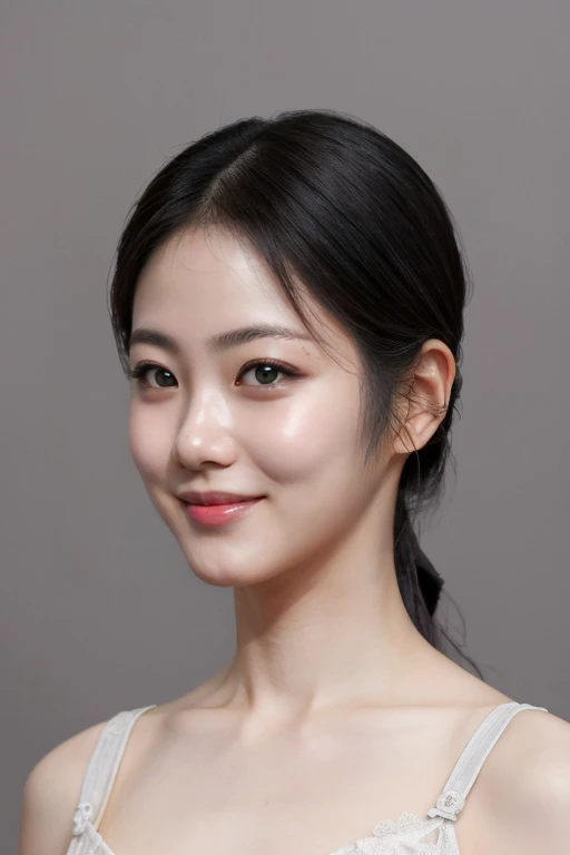 masterpiece, best quality, ultra-detailed, ultra high res, (photorealistic:1.4), raw photo, (realistic:0.2), 8k HDR, 1girl, solo, (looking at viewer), smile, realistic lighting, asymmetrical hair, (detailed skin), (detailed face), (simple gray background :1.1), (upper body:1.5), simple dress, sleeveless,