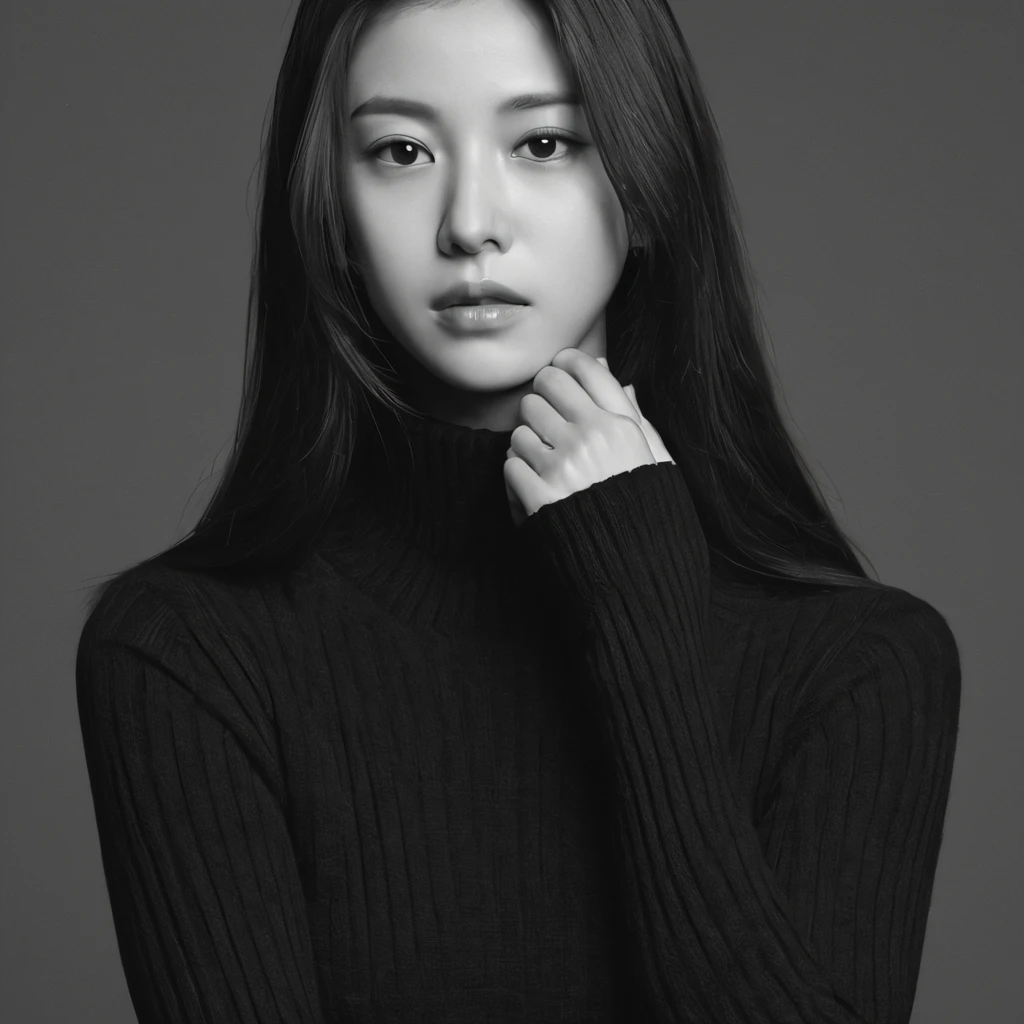 1girl,greyscale,solo,long hair,realistic,upper body,nose,lips,closed mouth,sweater,simple background,<lora:girl-000004:0.7>,