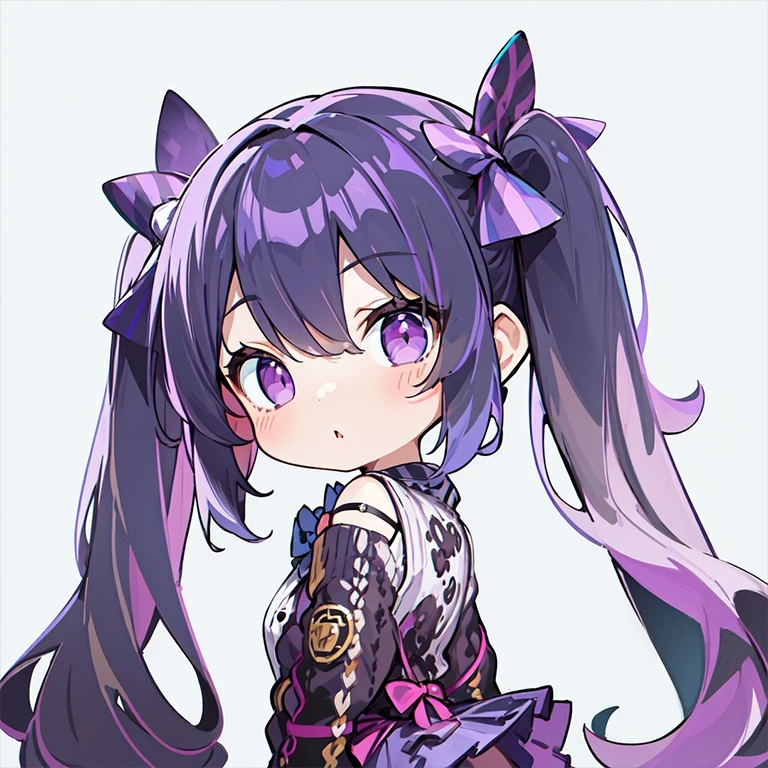 1girl, solo, twintails, purple eyes, purple hair, bow, looking at viewer, long hair, skirt, simple background, blush, bangs, parted lips