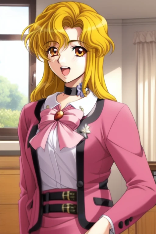 <lora:Ito_Ryoko:1>, ItoRyoko, 1girl, solo, blonde hair, choker, long hair, bow, orange eyes, smile, formal, open mouth, belt, pink_jacket, suit, room, window, flooring,
masterpiece, high quality, very_high_resolution, large_filesize, full color,