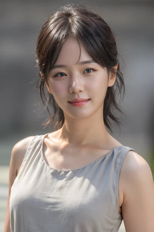 masterpiece, best quality, ultra-detailed, ultra high res, (photorealistic:1.4), raw photo, (realistic:0.2), 8k HDR, 1girl, solo, (looking at viewer), smile, realistic lighting, asymmetrical hair, (detailed skin), (detailed face), (simple gray background :1.1), (upper body:1.5), simple dress, sleeveless,