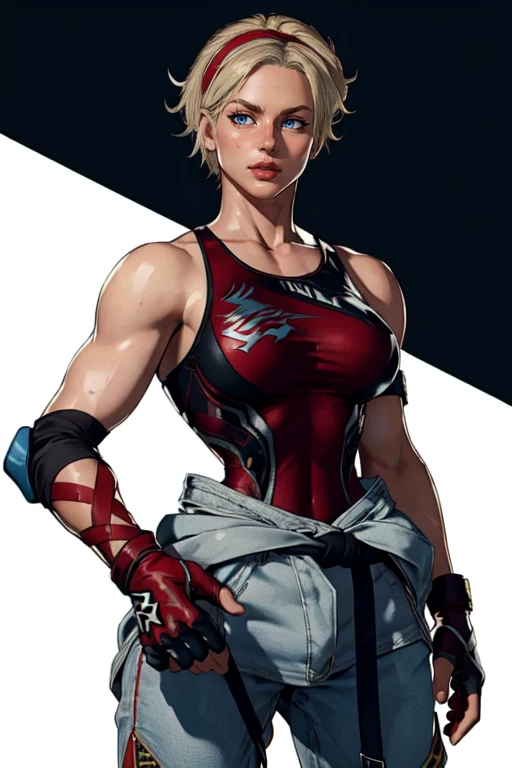 Shina,spiked blonde hair,muscular,abs ,blue eyes, tanned skin, standing,serious expression, close up, closed fists,
ShiGea,red crop top,fingerless gloves ,cropped long sleeved jacket,belt,boots, dark blue attire,cleavage,
steel cage arena, lights, moonlight,
(insanely detailed, beautiful detailed face, masterpiece, best quality) detailed eyes, cinematic lighting, <lora:Shina:0.8>