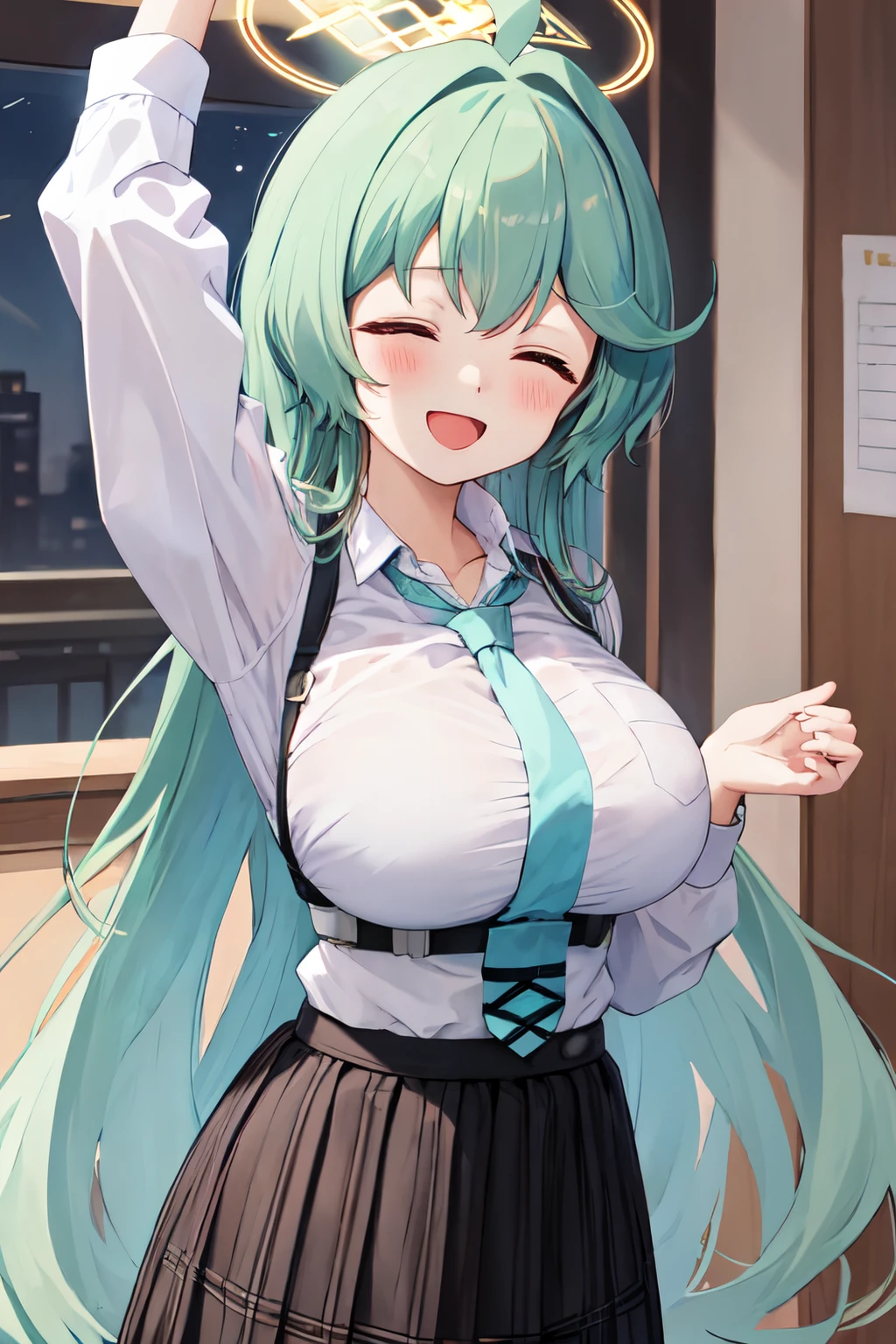 suzuya_kantaicollection, long_hair, hair_ornament, aqua_hair, hairclip, blush, breasts, smile, aqua_eyes, green_eyes, hair_between_eyes, large_breasts, green_hair, blazer, bow, bowtie, (brown_jacket), cardigan, jacket, looking_at_viewer, red_bow, school_uniform, red_bowtie, 1girl, solo, mature
BREAK 
ok sign, (bust up shot:1.2), (face focus), sitting, from above
BREAK
(happy), embarrassed laugh, (blush), (open your mouth:1.3), (tongue out:1.3), (winking, one eye closed)
BREAK
official art, best masterpiece, best quality, best resolution, 8K, best detailed, highly detailed hands, highly detailed fingers, very detailed mouth, perfect anatomy
BREAK
(indoor, bedroom), dust, dust, light particles, very fine and detailed 16KCG wallpapers