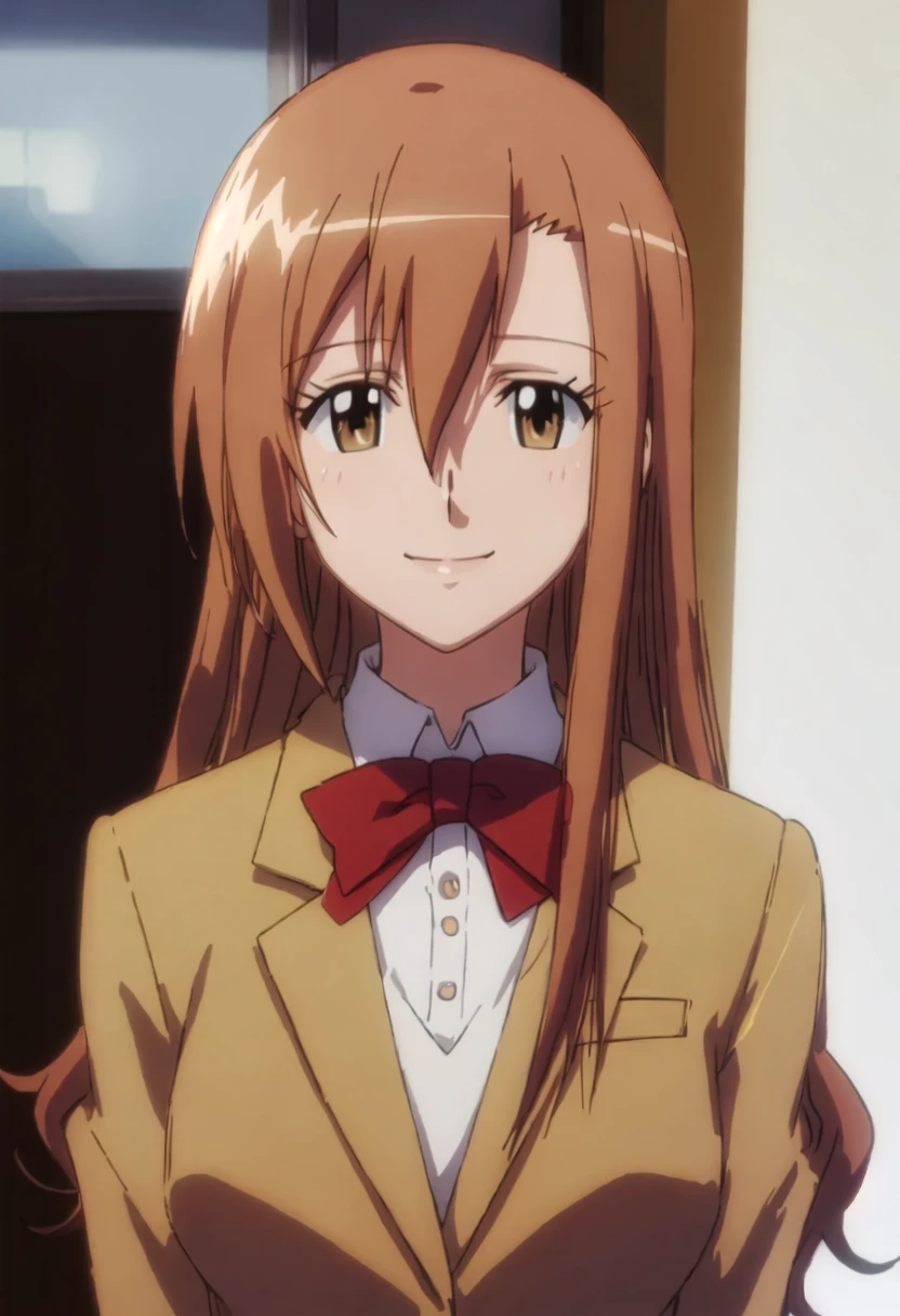 best quality, masterpiece, highres, solo, {shichijou_aria_seitokaiyakuindomo:0.90}, 1girl, blazer, hair_between_eyes, school_uniform, shirt, upper_body, anime_coloring, smile, looking_at_viewer, red_bowtie